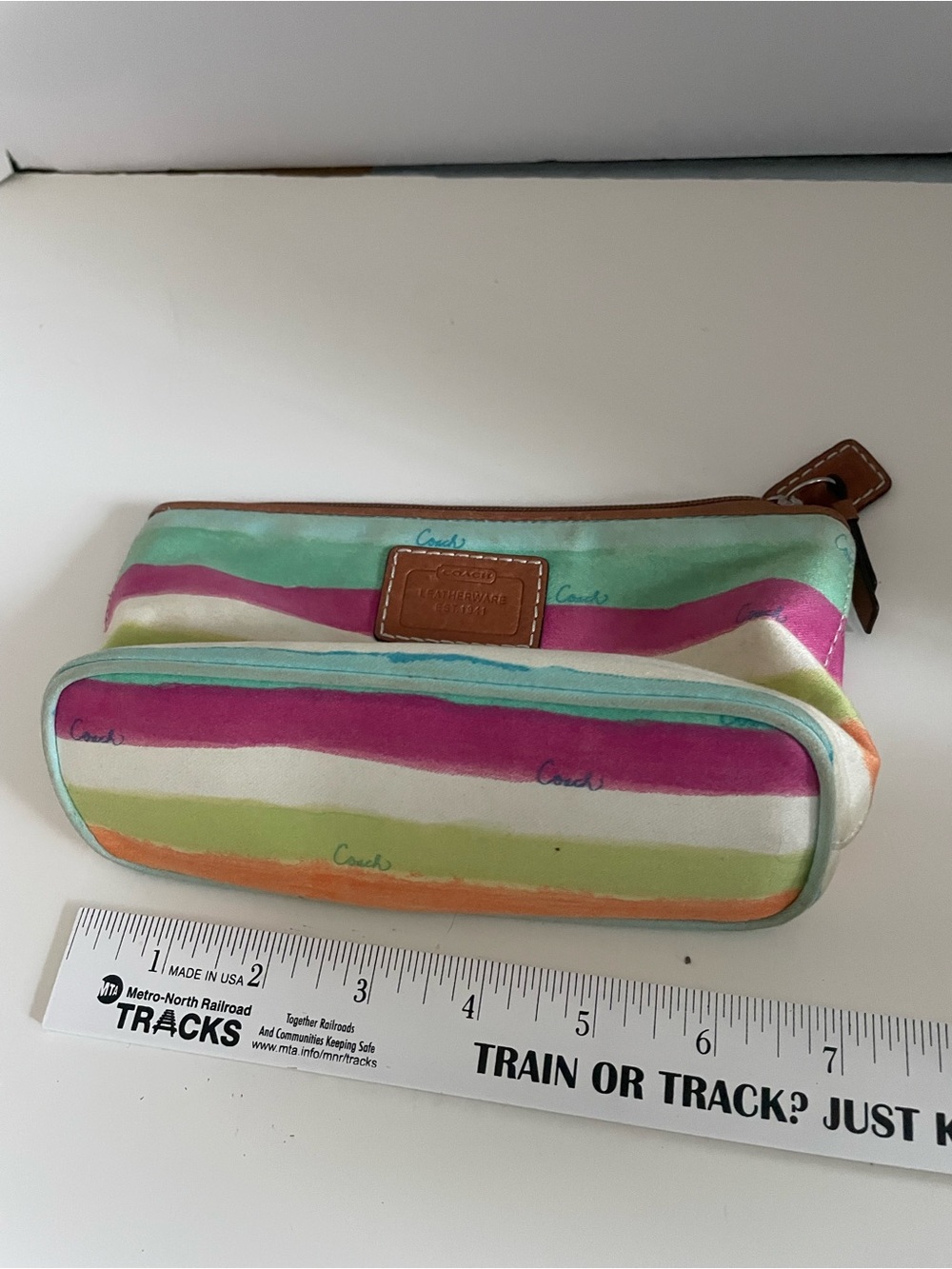 Coach Striped Multicolor Cosmetic Pouch with Leather Trim